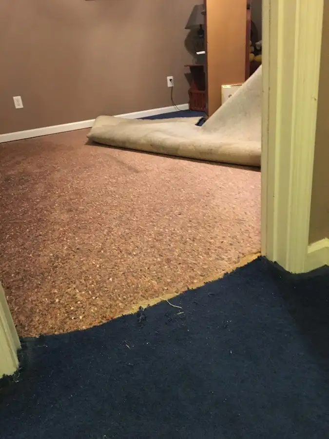 Carpet pad removal revealing water damage during Drying & Dehumidification in Greensburg